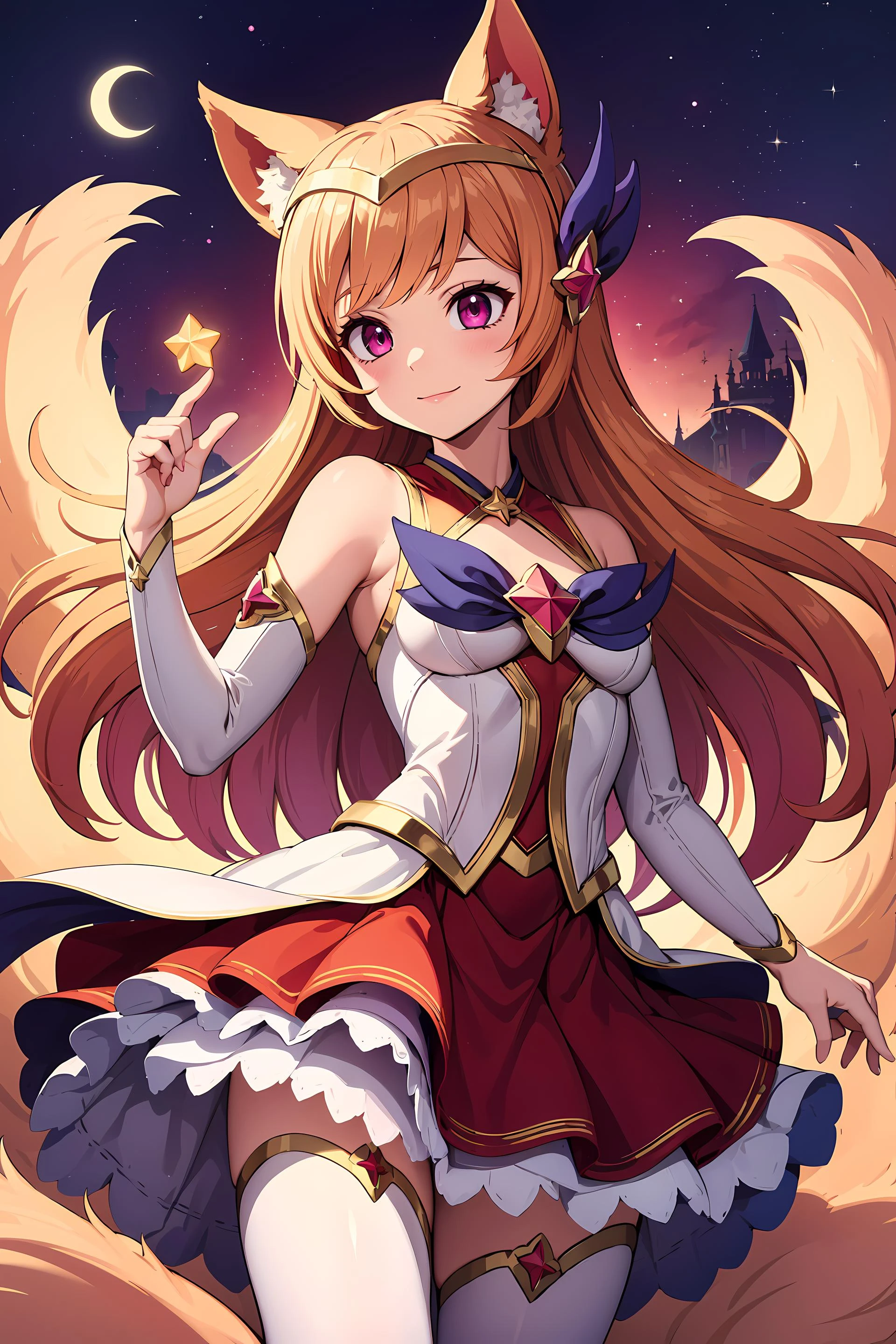 (masterpiece, best quality:1.2), intricate details, <lora:GoodHands-beta2:1>, <lora:lol_star_guardian_ahriV4-000010:1>, star guardian ahri, 1girl, animal ears, hair ornament, detached sleeves, bare shoulders, skirt, magical girl, multiple tails, light smile