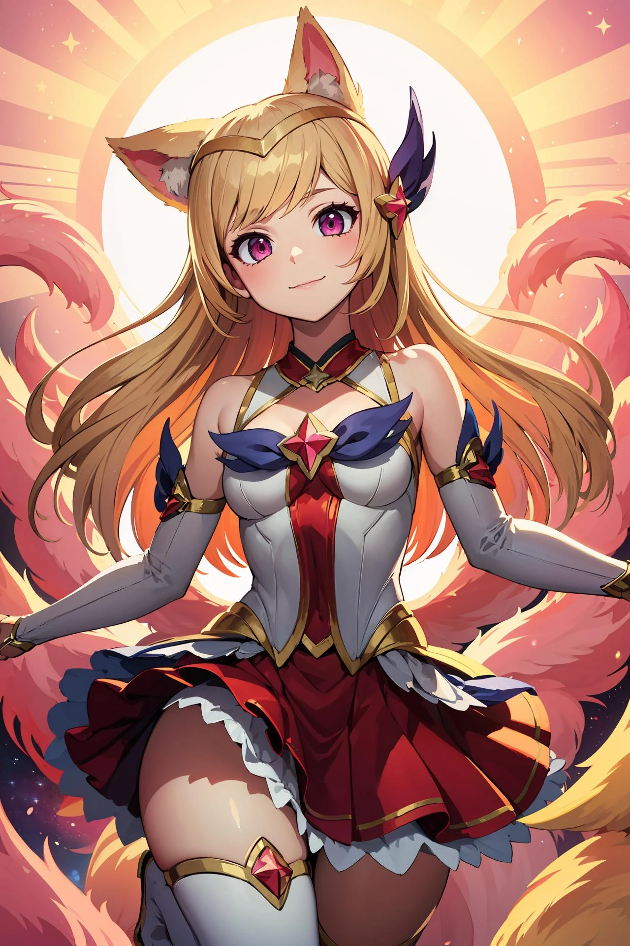 (masterpiece, best quality:1.2), intricate details, <lora:GoodHands-beta2:1>, <lora:lol_star_guardian_ahriV4-000010:1>, star guardian ahri, 1girl, animal ears, hair ornament, detached sleeves, bare shoulders, skirt, magical girl, multiple tails, blonde hair, light smile