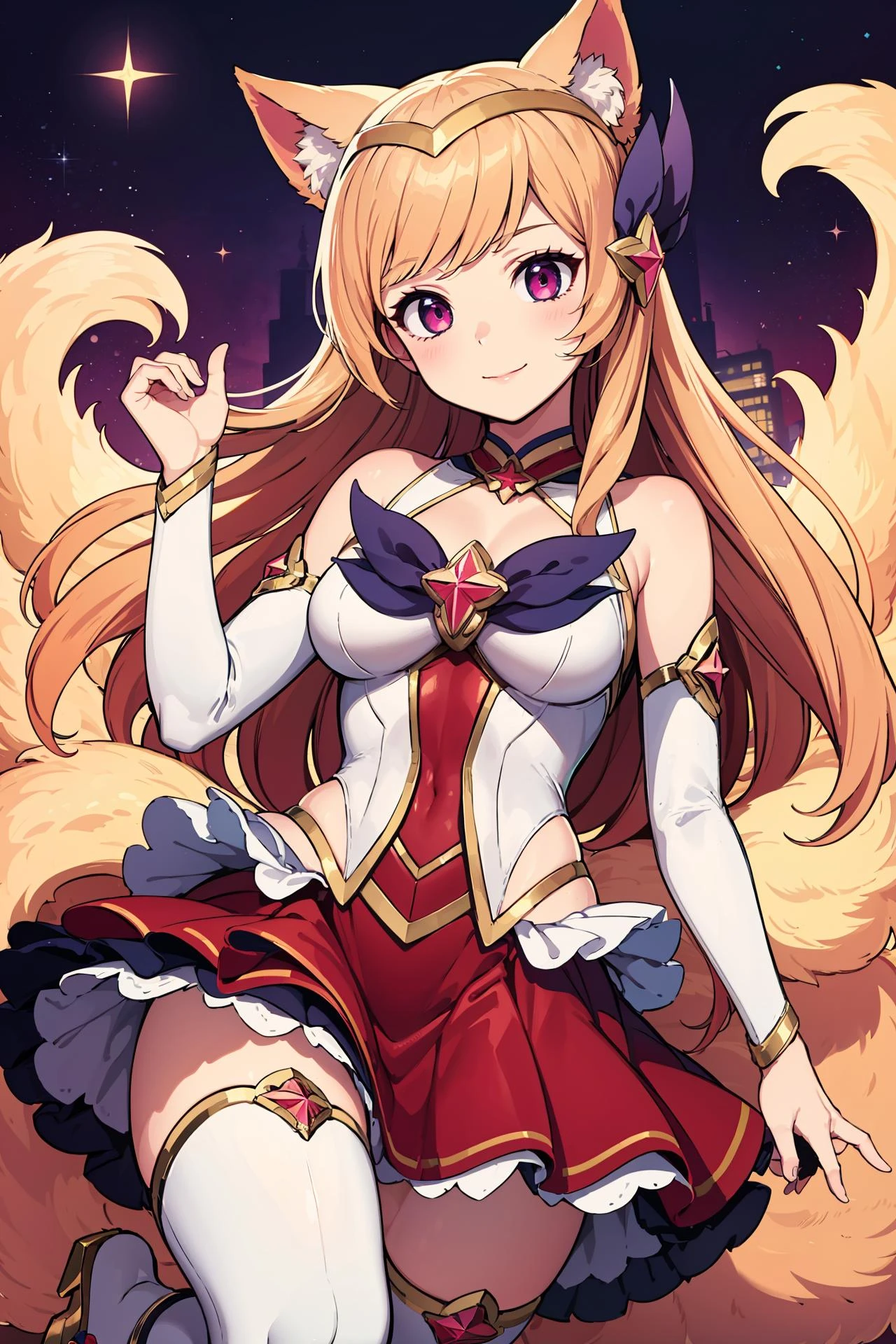 (masterpiece, best quality:1.2), intricate details, <lora:GoodHands-beta2:1>, <lora:lol_star_guardian_ahriV4-000010:1>, star guardian ahri, 1girl, animal ears, hair ornament, detached sleeves, bare shoulders, skirt, magical girl, multiple tails, blonde hair, light smile