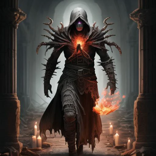 (extremely detailed 8k wallpaper),a medium shot photo of a fearful necromancer, Intricate, High Detail, dramatic, holding a fire spell on left hand, walking inside ancient ruin