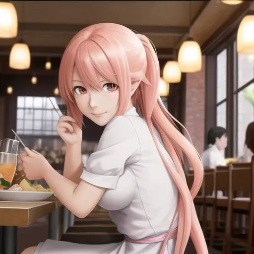 restaurant, talbe with multiple dishes, anime girl sitting in front, looking at camera, high definition, beautiful lighting