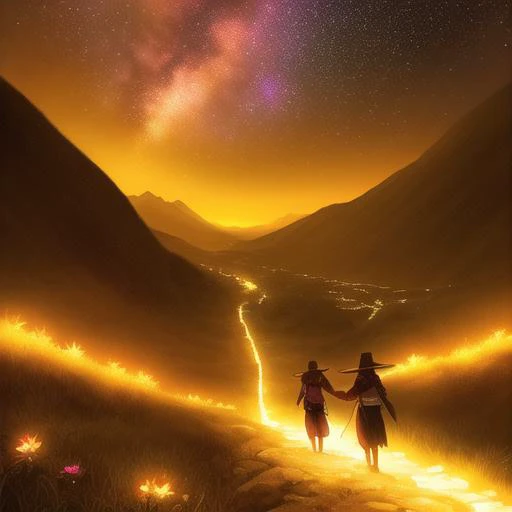 ancient inca city, vegetation, hope, gentle light shines through, anime style, painting, high definition, lots of details, balanced colors, warmth, night starry sky, in between mountains, long trail, several mountains, people walking down the street, festivities