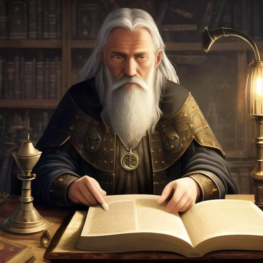 very old wizard, alchemy, looking at book, old medieval painting, smoke, lots of detail, cluttered room, lamp, dark room, detailed tunic, glowing pendant, high contrast light,