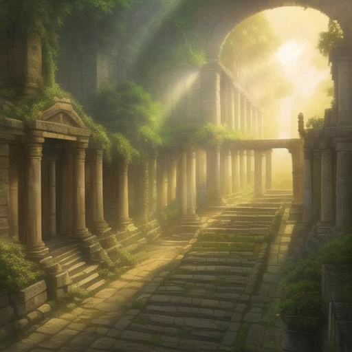 ancient city, vegetation, hope, gentle light shines through, dawn, anime style, oil painting, high definition, lots of details, balanced colors