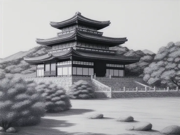 ancient japanese fortress, pencil sketch