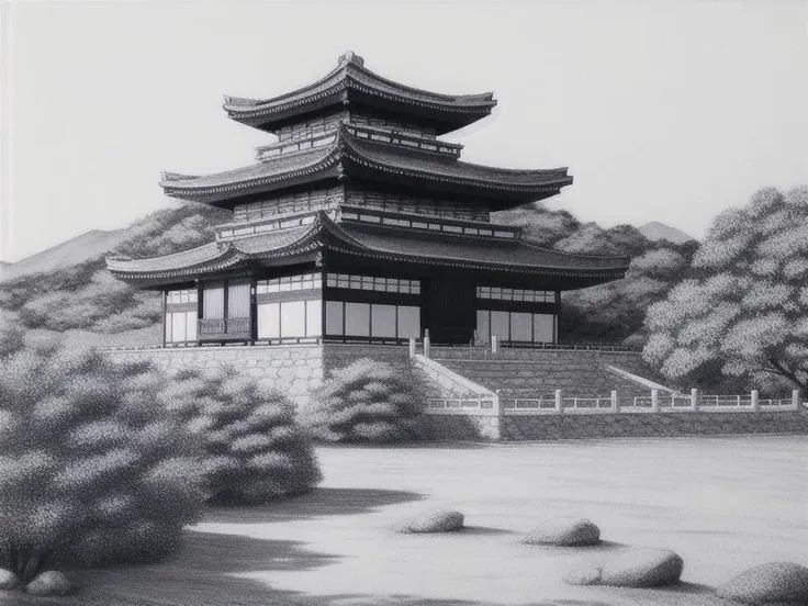 ancient japanese fortress, pencil sketch