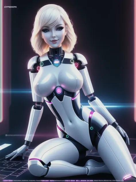 full body portrait, naked, beautiful female sex robot, sexy, seductive, smiling, full body, slim, small breast, plastic skin, robotic face, circuits, cybernetic, cinematic lighting, photo realistic, life like, stunning, 85mm, photo