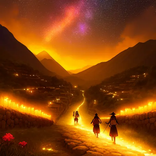 ancient inca city, vegetation, hope, gentle light shines through, anime style, painting, high definition, lots of details, balanced colors, warmth, night starry sky, in between mountains, long trail, several mountains, people walking down the street, festivities