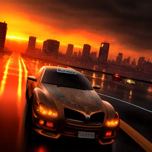 elegant car, sunset, city background, apocalypse, rain, thunder, steampunk, rtx, raytracing