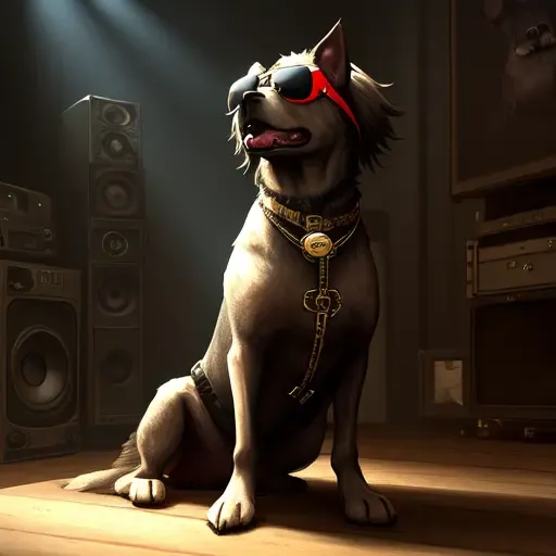 music album, metal, dog with sunglasses, cinematic lighting,