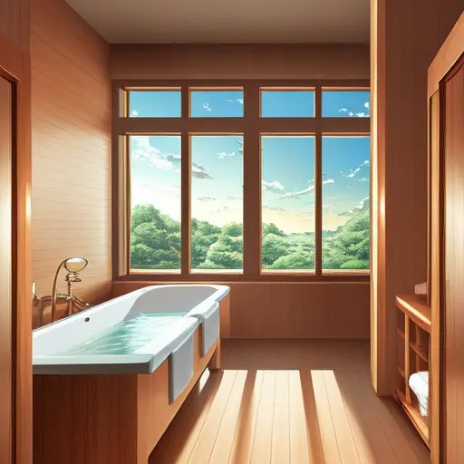 bathroom, anime background, dawn, anime style, wood cabinets, bathtub, panoramic view,