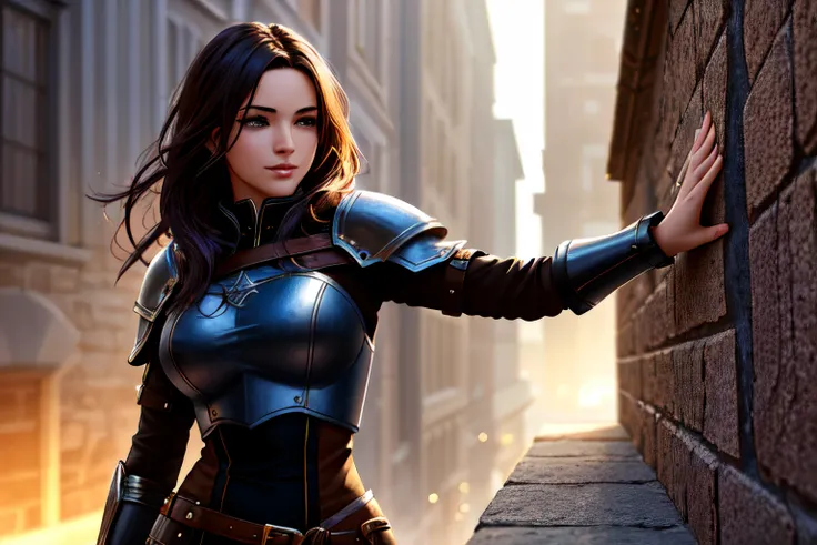 best quality, 500px, cgsociety, 8k, raw fantasy photo of (beautiful:1.2) female rogue leaning against a wall, medieval city, ambient light, backlight, volumetric lighting, realistic, realistic lighting, cinematic lighting, depth of field, sharp focus, dynamic pose, (face focus), (high contrast:1.2), (film grain)