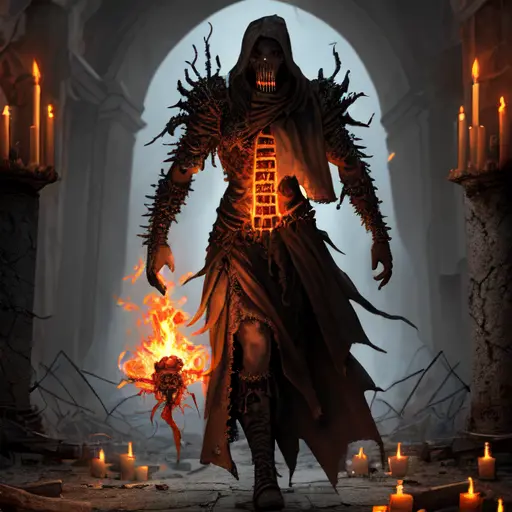 (extremely detailed 8k wallpaper),a medium shot photo of a fearful necromancer, Intricate, High Detail, dramatic, holding a fire spell on left hand, walking inside ancient ruin