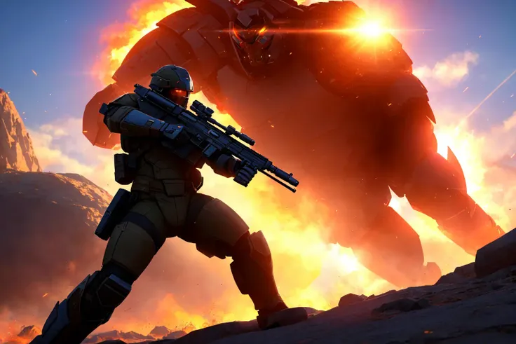 best quality, 500px, cgsociety, 8k
sci-fi, a handsome male soldier fires a gun at an incoming gargantuan monster, action, dynamic action
ambient light, backlight, volumetric lighting, realistic, realistic lighting, cinematic lighting, depth of field, sharp focus, dynamic pose, (face focus), (high contrast:1.2), (film grain)