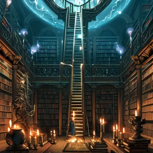 library at night, ancient knowledge, lonely, oil painting, long ladder at the corner, illuminated by candles, magic particles floating, an old wizard at the distance is holding a pipe while reading