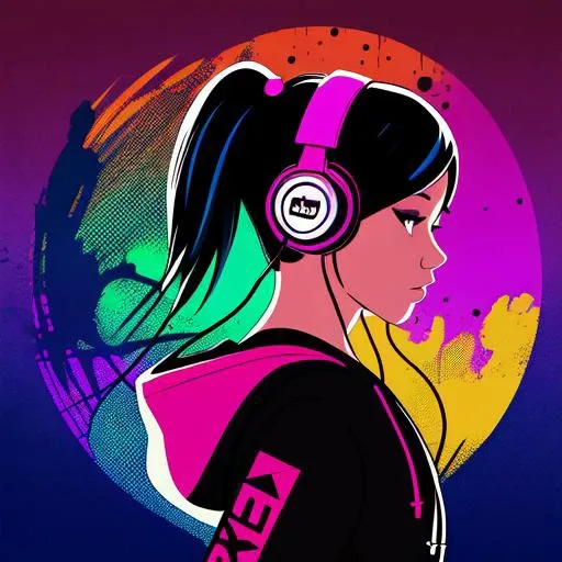 ink art, vector, girl wearing a hoodie and headphones, colorful background, highly detailed, photo from side, music album cover, slightly looking to camera,