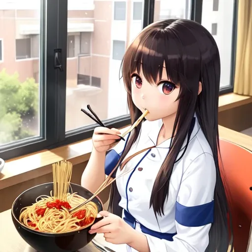 anime girl eating spaghetti with chopsticks, window background,