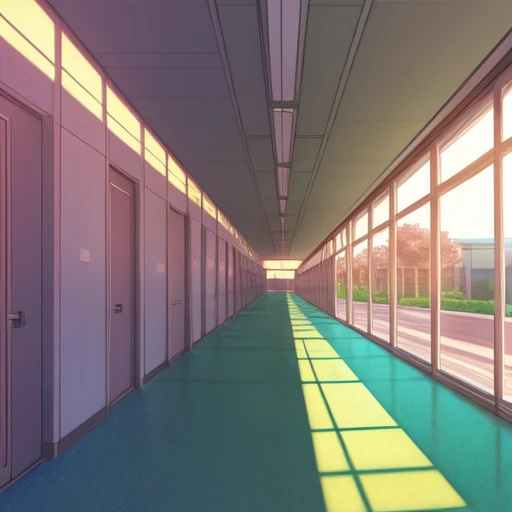 school corridor, anime background, dawn, anime style, panoramic view,