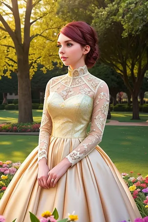 a photo of AM296_Ginger_Maxx,
woman weared long-sleeve high neck lace dress
in a city park, (many flowers:1.2),
soft light, golden hour, upper body, hdr,
intricate, highly detailed, sharp focus, insane details, intricate details, hyperdetailed, hyperrealistic