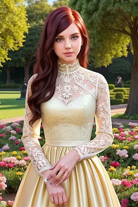 a photo of AM296_Ginger_Maxx,
woman weared long-sleeve high neck lace dress
in a city park, (many flowers:1.2),
soft light, golden hour, upper body, hdr,
intricate, highly detailed, sharp focus, insane details, intricate details, hyperdetailed, hyperrealistic