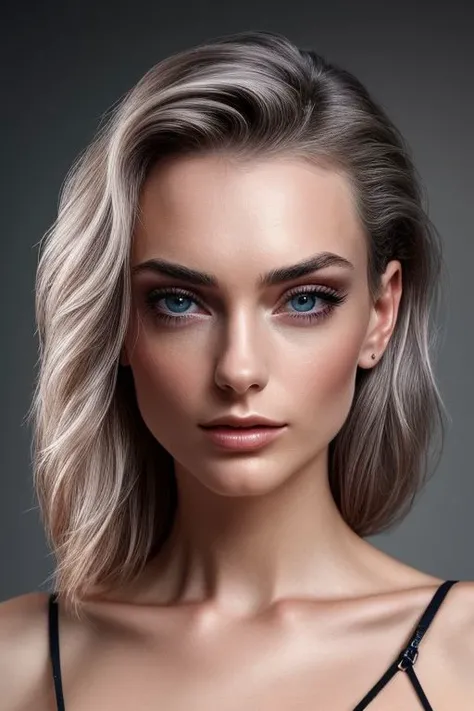 (CR-NienkeVanSchijndel-Supremo:0.9), full color portrait of woman, (slick undercut hair:1.1), (tilted angle, dutch angle:1.1),
masterpiece, best quality, sharp focus, 8k highres, ultra-detailed, rim light, (grey background:1.0),