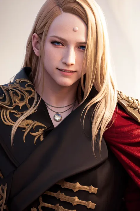 masterpiece, best quality, highres, 1boy zenos, red cape shoulder armor black coat <lora:zenos:1> upper body, smile, (photorealistic:1.2)