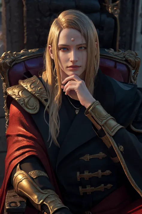 masterpiece, best quality, highres, 1boy zenos, red cape shoulder armor black coat <lora:zenos:1> sitting on chair, hand on own chin, (photorealistic:1.4), looking at viewer