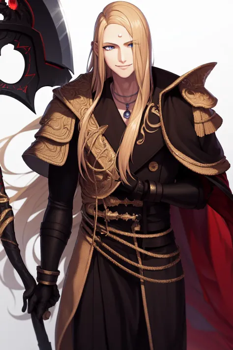 masterpiece, best quality, highres, 1boy zenos, red cape shoulder armor black coat <lora:zenos:1> standing, holding weapon, light smile, scythe