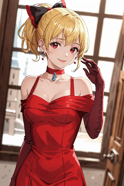 (best quality, masterpiece, RAW photo,ultra-detailed:1.2), <lyco:GoodHands-beta2:1.0>,1girl,solo,looking at viewer,smile,
ViraGB, long hair, ponytail, blonde hair, <lyco:CHAR-Vira:0.7>
ViraPromo, short hair, hair bun, hair bow, cocktail dress, red dress, bare shoulders, earrings, elbow gloves, red choker,
random ungle, random pose,random facial expressions,random focus, castle,