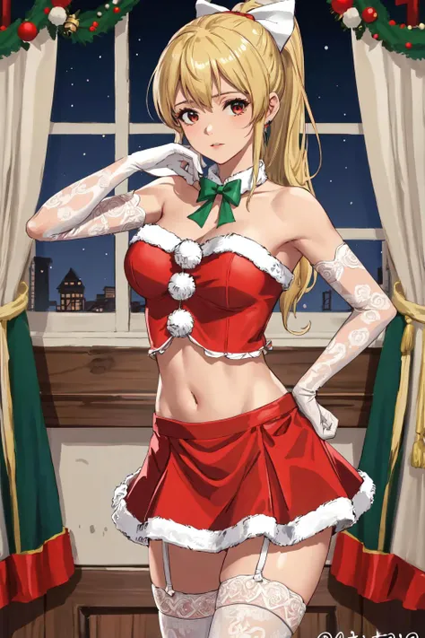 masterpiece, best quality, 1 solo girl, dark blonde hair, blue eyes, medium hair, wavy hair, Christmas ornaments, medium breasts, mature body and face, red christmas dress, christmas, christmas light, christmas tree, red gloves, red santa skirt, holding gift, red bra, red panty, leg up, cowboy shots, sexy pose, dakimakura, detailed body, face, and eyes, sharp focus, vibrant, creative, dynamic, high definition, high resolution, 8k, (Upscale: R-ESRGAN 4x+ Anime6B), (Image enchance:4x), voluptuous body