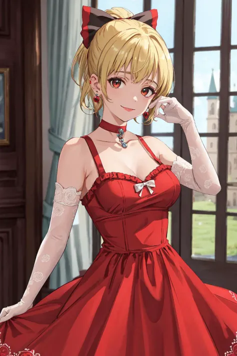 Blonde、short hair、Red eyes、Red Party Dress、Red clothes:1.5、necklace、Rose hair ornament、one person、A relaxed smile、Casino or Bar、Big Breasts、(highest quality),(High resolution),(full intricate details),(Very high quality artwork),(Extremely detailed 8K CG),((Perfect piece) ), (((masterpiece)))、 Late s、thin waist and limbs、Low - Angle、
