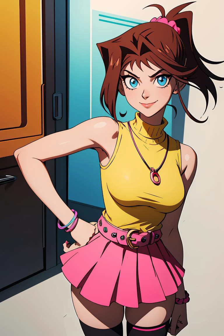 (masterpiece, best quality), 1girl, <lora:LoRA_Anzu:1> AnzuDef, breasts, looking at viewer, smile, blue eyes, short hair, brown hair, hair ornament, high ponytail, ponytail, large breasts, huge breasts, shirt, skirt, thighhighs, bare shoulders, jewelry, o-ring, pleated skirt, sleeveless, belt, miniskirt, necklace, bracelet, zettai ryouiki, sleeveless shirt, turtleneck, scrunchie, pink skirt, black thighhighs, yellow shirt, sleeveless turtleneck, yu-gi-oh!,