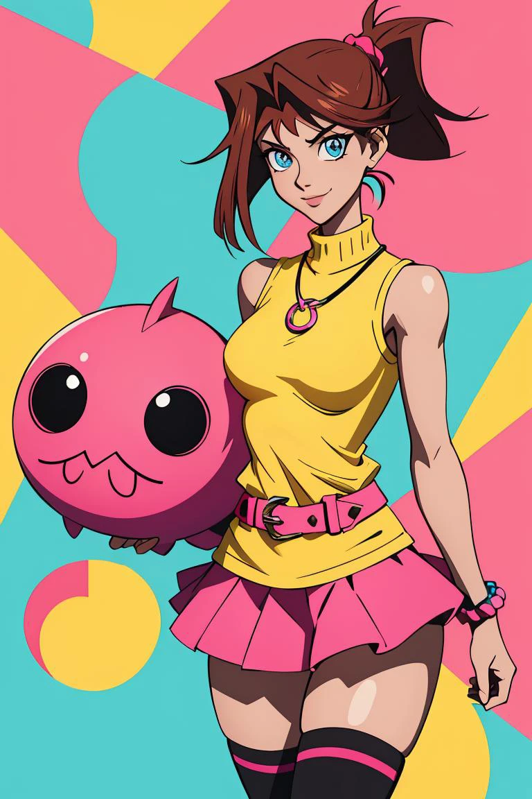(masterpiece, best quality), 1girl, <lora:LoRA_Anzu:1> AnzuDef, breasts, looking at viewer, smile, blue eyes, short hair, brown hair, hair ornament, high ponytail, ponytail, large breasts, huge breasts, shirt, skirt, thighhighs, bare shoulders, jewelry, o-ring, pleated skirt, sleeveless, belt, miniskirt, necklace, bracelet, zettai ryouiki, sleeveless shirt, turtleneck, scrunchie, pink skirt, black thighhighs, yellow shirt, sleeveless turtleneck, yu-gi-oh!,