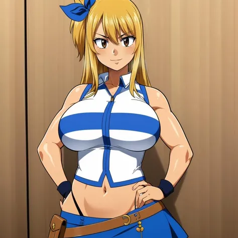 (masterpiece, best quality:1.2), Amazon, Clean Lineart, Cel-Shading, Exaggerated Proportions, (1girl solo:1.1), smile, multiple poses, looking at viewer, breasts, closed mouth, large breasts, mature female, wide hips, <lora:Amazon Style Lora:.8>, breasts, bangs, blonde hair, (light brown eyes), lucy heartfilia, long hair, white shirt, sleeveless, belt, blue skirt, midriff, <lora:lucy_heartfilia_v11:.8>