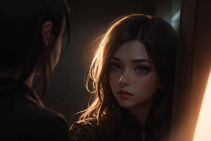 ((8k, best quality, masterpiece, extremely detailed, Rule of thirds, focal_length 35.0 f/2.8, 35mm focal length)), (((light play, shadow play))), ((dynamic pose)), ((horror photography)), ((film grain)), ((soft light passing through hair)), ((atmospheric, somber)), ((photograph of a lone woman)), ((close-up)), ((excellent cinematography)), ((night, backlit)),