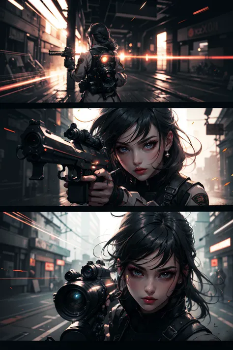 ((8k, best quality, masterpiece, extremely detailed, Rule of thirds)), (((light play, shadow play))), ((abstract background)), ((provocative)), ((action photography)), ((cinematic, film grain)), ((anime aesthetic)), ((comic-style)), ((soft light passing through hair)), ((gunplay)), <lora:CyberpunkStyleV3:0.6>