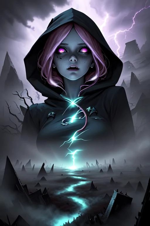 best quality,masterpiece,1 girl, adult russian woman, freckles, pink eyes, copper twin drills hair, Style-GravityMagic, solo, from front, front view, half shot, looking up, detailed background, detailed face, (<lora:WitchcraftPunkAI:0.5>, WitchcraftPunkAI theme:1.1), supernatural glowing eyes, herald of doom, wearing orange robes, hooded,eldritch end of the world, reality falling apart, dimensional rifts appearing, unstoppable storm raging, whirlwinds, lightning all around, cataclysm in background, turbulent winds, apocalyptic atmosphere, ethereal lights,,