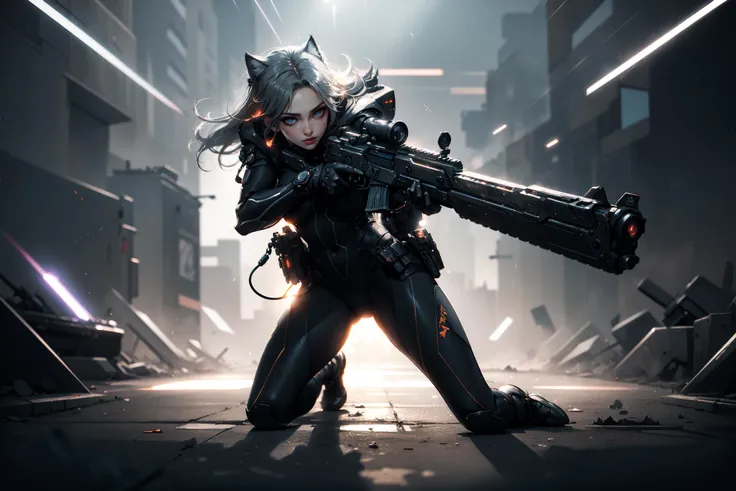 ((8k, best quality, masterpiece, extremely detailed, Rule of thirds)), (((light play, shadow play))), ((abstract background)), ((provocative)), ((action photography)), ((cinematic, film grain)), ((anime aesthetic)), ((comic-style)), ((soft light passing through hair)), ((gunplay)), <lora:CyberpunkStyleV3:0.6>