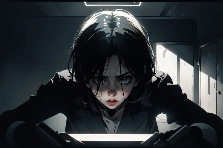 ((8k, best quality, masterpiece, extremely detailed, Rule of thirds)), (((light play, shadow play))), ((abstract background)), ((provocative)), ((horror photography)), ((cinematic, film grain)), ((anime aesthetic)), ((comic-style)), ((insane asylum, cinematic)), ((soft light passing through hair)), ((gloomy, broken)), ((split screen)), ((haunting nightmare)),