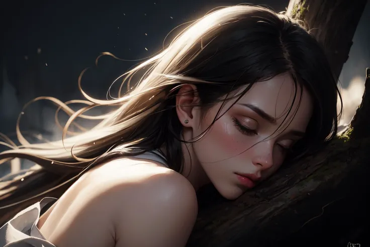 ((8k, best quality, masterpiece, extremely detailed, Rule of thirds, focal_length 35.0 f/2.8, 35mm focal length)), (((light play, shadow play))), ((dynamic pose)), ((glamour photography)), ((film grain)), ((soft light passing through hair)), ((atmospheric, somber)), night, (emotional depiction of a somber female, eyes closed, tears), backlit, windy, storming,