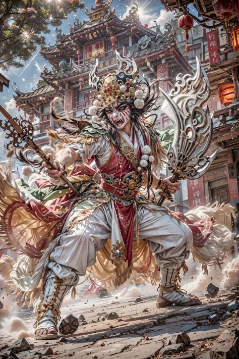 (Highest picture quality), (ultra-detailed), (sharp focus), (close-up), (depth of field:1.3), RAW, realistic, (colorful, vivid colors:1.1), (masterpiece), (best quality), photorealistic, absurdres, (highres), BREAK, ((1boy)), (a chinese man), solo, looking at viewer, 18 years old, (detailed skin, detailed face, detailed intricate iris, nice hands, perfect hands:1.3), (intricate details), (maximum details), (delicate), (hand of Guido Daniele:1.4), BREAK, (beautiful detailed glow:1.2), (cinematic lighting), (rim lighting:1.4), (two tone lighting:1.3), (reflection, refraction:1.2), (Rembrandt lighting:1.4), (Rule of thirds:1.3), (light play, shadow play:1.3), (glamour photography, cinematic, film grai, anime aesthetic), (diffused lighting, bokeh, lens flare, light particles:1.3), (dynamic lighting), ray tracing, volumetric lighting, (dramatic lighting), (explosive light and shadow:1.4), (Dynamic Pose, Dynamic Angle:1.2), (moody lighting), BREAK, twgod, Taiwanese hell police, pauldrons, helmet, holding handcuffs, holding timtoken, timtoken, (holding polearm:1.4), temple, chinese style architecture, (combat pose, angry face, fighting pose, aggressive stance, fangs, roaring, sharp eyes, open mouth:1.3), (soft light passing through hair, light patterns on skin:1.2), (huge muscles, very muscular, thick upper arms:1.1), (stars, milky way, night, starry:1.4), (reflective, shiny:1.2), (building), (ornate Taiwanese temple paifang, taiwanese_temple), (jiufen taiwan:1.3), scenery, (from below:1.3), outdoors, full body, BREAK, (Makeup:1.3), (human anatomy, golden ratio:1.1), BREAK, <lora:GoodHands-beta2:1>, <lora:neg4all_bdsqlsz_V3.5:1>, <lora:epiNoiseoffset_v2-pynoise:2>, <lora:add_detail:0.4>, <lora:more_details:0.4>, <lora:twgod-000012:0.6>, <lora:taiwanese_temple_first-ver:0.5>, <lora:Jiufen:0.5>