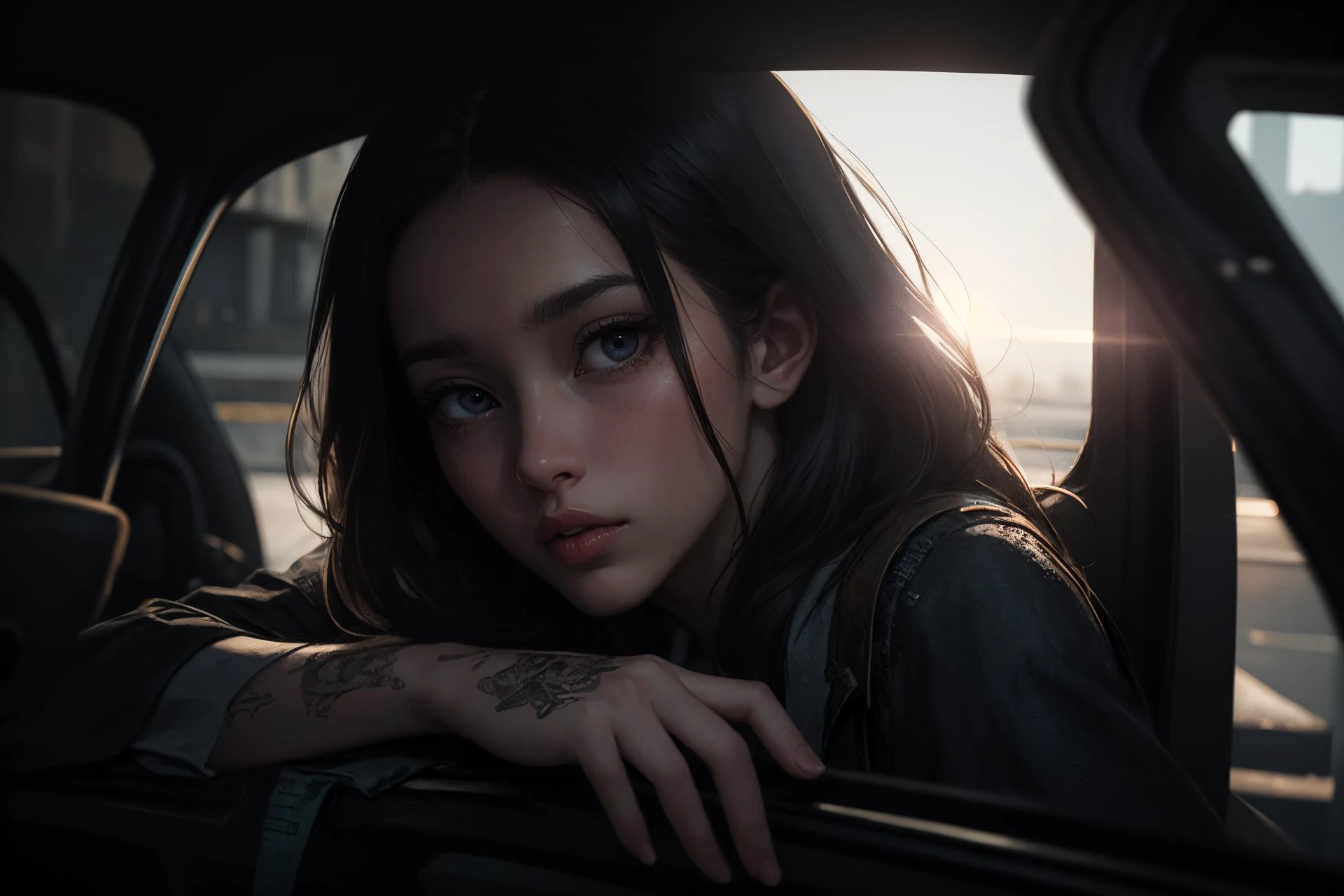 ((8k, best quality, masterpiece, extremely detailed, Rule of thirds, focal_length 35.0 f/2.8, 35mm focal length)), (((light play, shadow play))), ((dynamic pose)), ((horror photography)), ((film grain)), ((soft light passing through hair)), ((atmospheric, somber)), ((photograph of a lone woman)), ((close-up)), ((excellent cinematography)), ((night, backlit)), ((gunplay)),