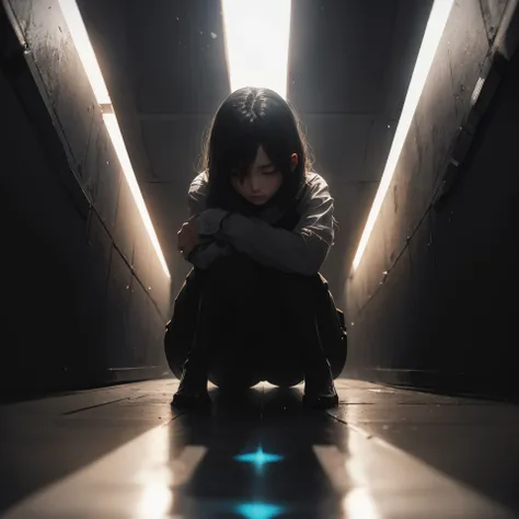 ((8k, best quality, masterpiece, extremely detailed, Rule of thirds, focal_length 35.0 f/2.8, 35mm focal length)), (((light play, shadow play))), ((dynamic pose)), ((emotional photography)), ((film grain)), ((soft light passing through hair)), ((atmospheric, somber)), ((photograph of an alone woman, hugging her knees)), ((close-up from below)), ((looking down)),