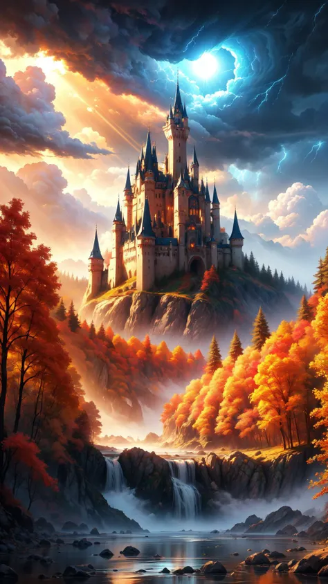 a river runs through a beautiful and colorful fairy tale valley, thick autumn forest, Huge majestic gothic castle, storm, tornado, haze, magic, sun beams, masterpiece, 8k, award winning, high quality, best quality, cinematic, intense lighting, vivid colors, extremely detailed,