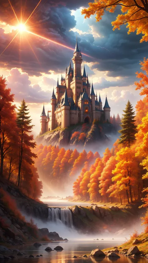 a river runs through a beautiful and colorful fairy tale valley, thick autumn forest, Huge majestic gothic castle, storm, tornado, haze, magic, sun beams, masterpiece, 8k, award winning, high quality, best quality, cinematic, intense lighting, vivid colors, extremely detailed,