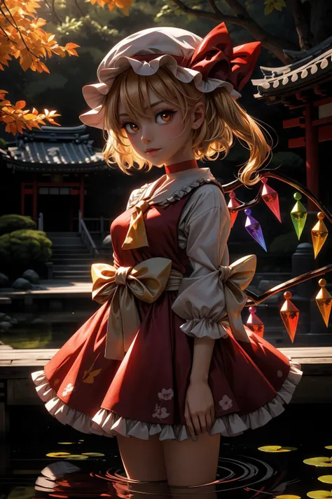 flandre scarlet,1girl, teddy_bear, solo, wings, mob_cap, holding_stuffed_toy, simple_background, crystal, frills, one_side_up, red_bow, looking_at_viewer, cowboy_shot, black_choker, standing, long_sleeves, black_background, closed_mouth, red_ribbon, glowing, bowtie, hat_ribbon, grey_background, expressionless, petticoat, hair_ribbon, red_dress, red_vest, wide_sleeves, shirt, yellow_ascot, red_skirt <lora:flandre:1>,star-shaped_pupils,symbol-shaped_pupils,. gorgeous,key visual, vibrant, studio anime,award-winning, professional, highly detailed,high budget, cinemascope,
Immerse yourself in the serenity of the Kinkaku-ji Temple in Kyoto, also known as the Golden Pavilion, with its stunning gold leaf exterior reflecting on the surrounding pond