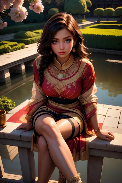(ultra realistic,32k, masterpiece:1.2),(high detailed skin:1.1),( high quality:1.1),
detailed hair,
intricate detail,
(detailed realistic background:1.3),
realistic lighting,
[cinematic lighting|sunset lighting],
masterpiece,
high quality,
32k,
hyperrealism,
soothing tones,
muted colors,
high contrast,
soft light,
sharp,
artistic photoshoot,
<lora:lora_perfecteyes_v1_from_v1_160:0.8> , perfecteyes eyes,
senior,cute,slender,european, eyes,pale cheeks,square face shape with angular jaw,natural "no-makeup" makeup,detailed hair,small breasts,black thighhighs,(looking at viewer, sitting,legs crossed at ankles, from above:1.5),
Indian Maid (20th to 21st Century): 1girl with dark hair in a braid, brown eyes, darker skin tone, curvy, wearing comfortable, traditional Indian (maid clothing1.2), usually a saree or salwar kameez, (stockings:1.1).,
coppery blonde subtle waves hair,
Step into the iconic Tokyo Imperial Palace, surrounded by beautiful gardens and moats, and explore its historic buildings, including the famous Nijubashi Bridge