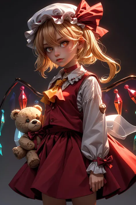 flandre scarlet,1girl, teddy_bear, solo, wings, mob_cap, holding_stuffed_toy, simple_background, crystal, frills, one_side_up, red_bow, looking_at_viewer, cowboy_shot, black_choker, standing, long_sleeves, black_background, closed_mouth, red_ribbon, glowing, bowtie, hat_ribbon, grey_background, expressionless, petticoat, hair_ribbon, red_dress, red_vest, wide_sleeves, shirt, yellow_ascot, red_skirt <lora:flandre:1>,star-shaped_pupils,symbol-shaped_pupils,. gorgeous,key visual, vibrant, studio anime,award-winning, professional, highly detailed,high budget, cinemascope,