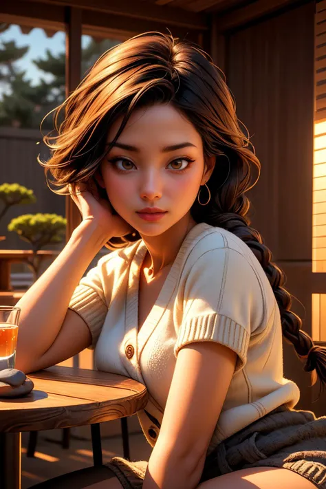 (ultra realistic,32k, masterpiece:1.2),(high detailed skin:1.1),( high quality:1.1),
detailed hair,
intricate detail,
(detailed realistic background:1.3),
realistic lighting,
[cinematic lighting|sunset lighting],
masterpiece,
high quality,
32k,
hyperrealism,
soothing tones,
muted colors,
high contrast,
soft light,
sharp,
artistic photoshoot, senior,cute,slender,european, eyes,pale cheeks,square face shape with angular jaw,natural "no-makeup" makeup,detailed hair,small breasts,legs, perfect fingers,black stockings,wearing 90's inspired clothing, including Chunky knit cardigan and cotton bottoms ,Black dutch braid hairstyle,
Zen Garden: A tranquil Zen garden is nestled in a serene corner of the cafe, featuring meticulously raked sand, miniature rock formations, and bonsai trees. Patrons can find solace in this serene space, enjoying their beverages in a Zen-like atmosphere.