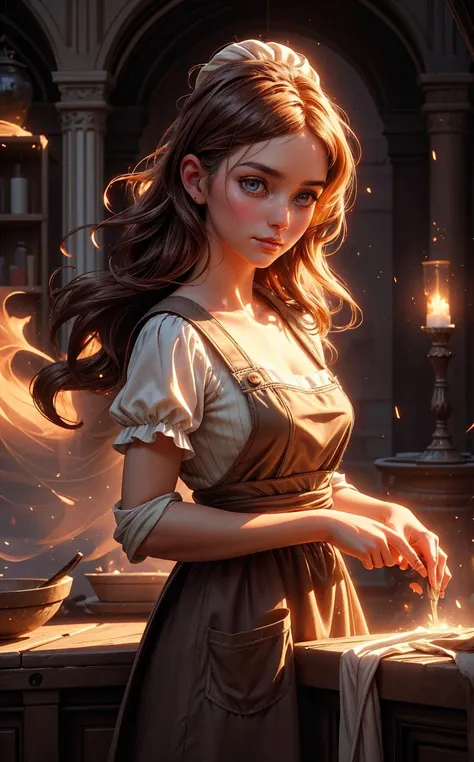(style of [Cathleen McAllister|Ilya Kuvshinov|Loish|Daniela Uhlig|Ross Tran]:1.5), (dynamic-pose:1.21), (Layered Depth, Parallax Effect, Soft focus foreground, Painted Scenery:1.3),(cinematic establishing shot, young adult european woman, highly detailed background:1.2), volumetric lighting, subsurface scattering, (special effects, color grading, fantasy aura), (Venetian Glassblower in Murano (16th Century:1.21), In her early 30s, the artisan has an experienced and steady hand, her hair a deep chestnut tied back to avoid the flames. She wears a simple but functional linen dress under a leather apron, protection against the heat of the furnace, her attire reflecting the practical needs of her craft while hinting at the wealth her skills have brought her.